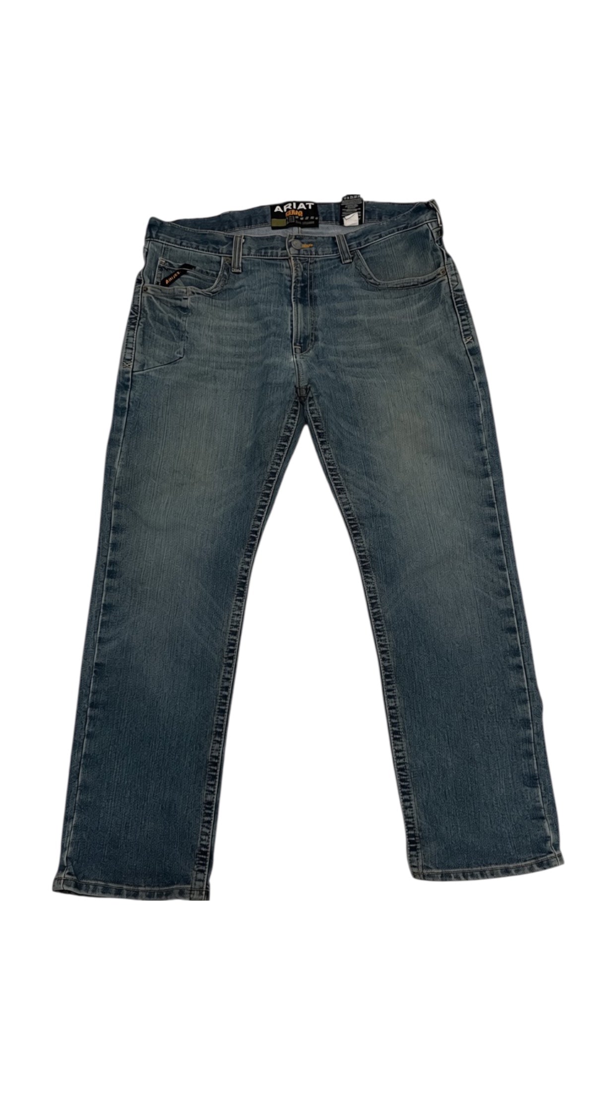 SohoStich Co. Men's relaxed fit straight leg denim jeans in medium blue wash with five-pocket design.
