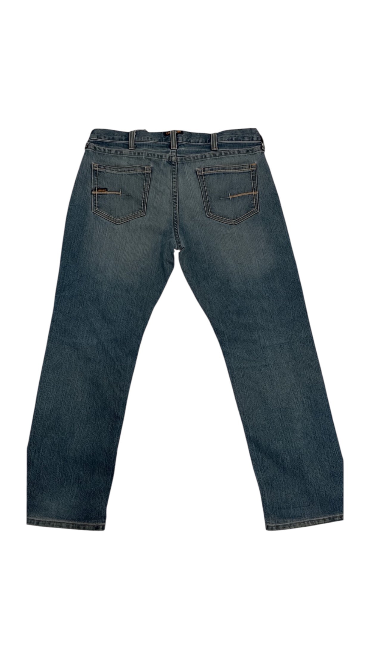 SohoStich Co. Men's medium blue relaxed fit straight leg denim jeans with five-pocket design.