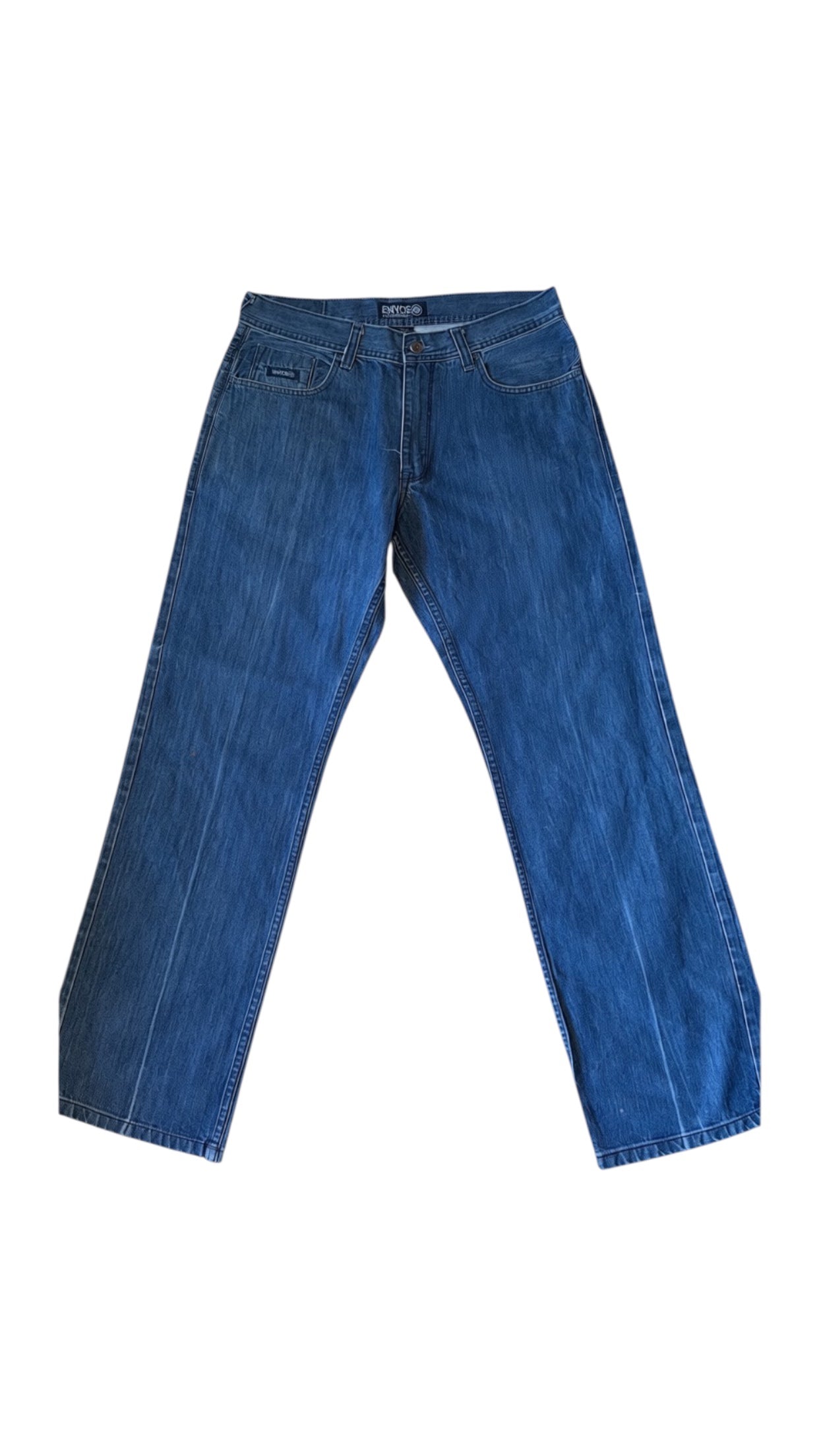SohoStich Co. mid-wash blue denim jeans with a relaxed straight leg fit and five-pocket design.