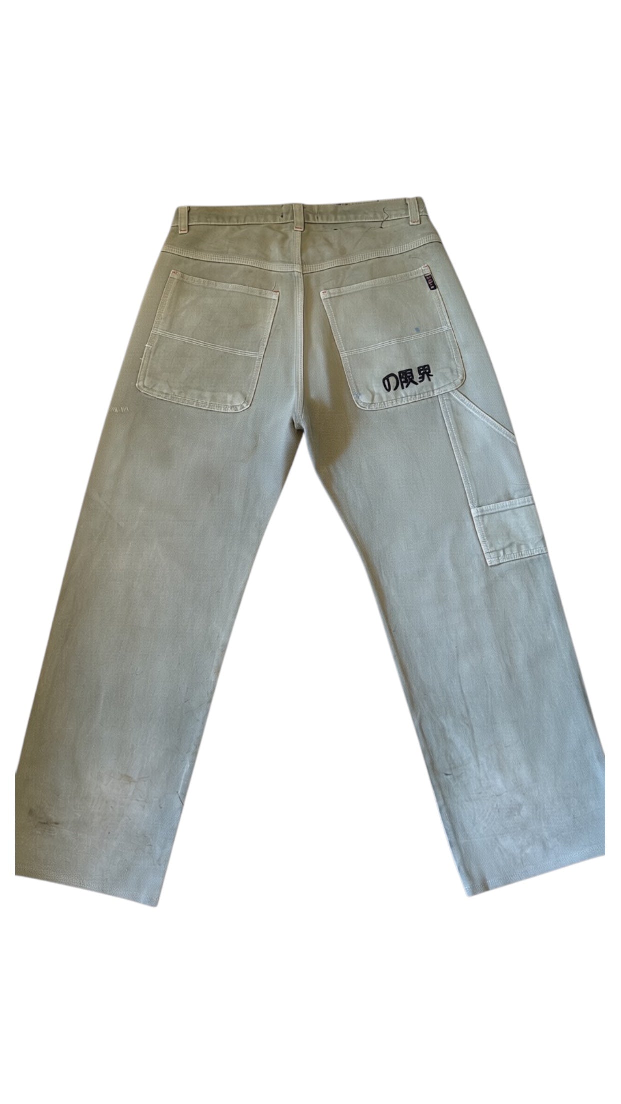 SohoStich Co. light olive green cotton twill baggy carpenter pants with Japanese embroidery on back pocket.