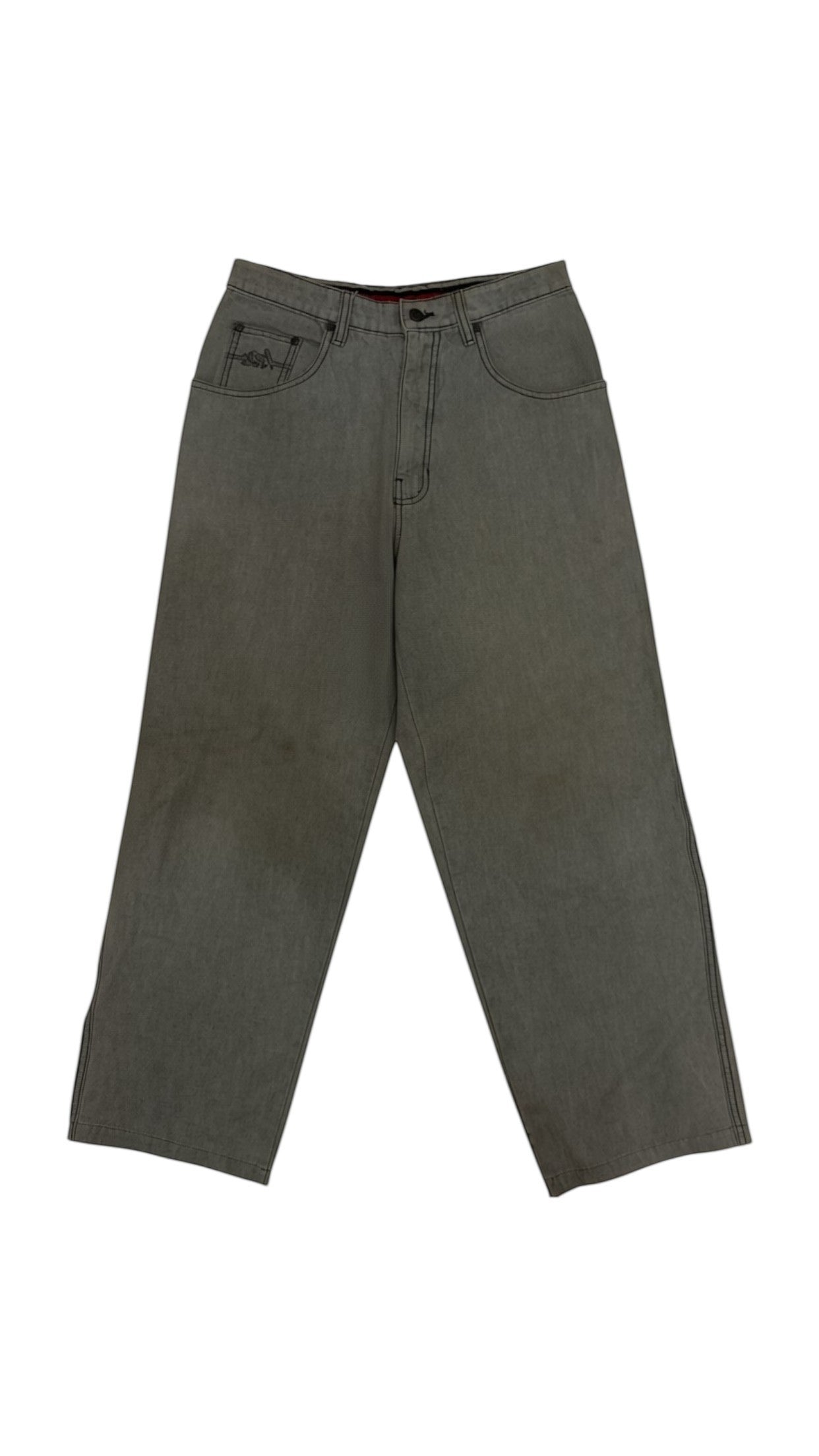 SohoStich Co. olive green denim baggy cargo work pants with utility pocket and graphic embroidery.