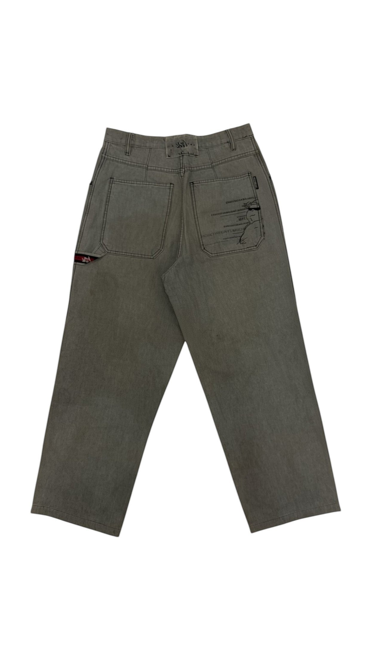 SohoStich Co. olive green denim baggy cargo work pants with utility pocket and graphic embroidery.