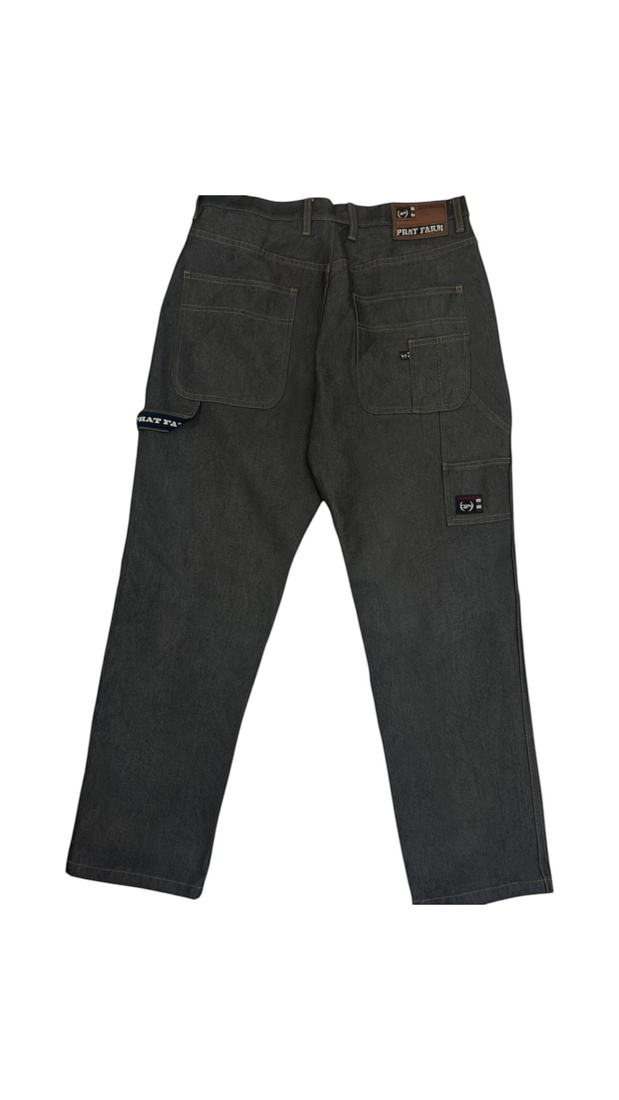 SohoStich Co. Prat Farm charcoal grey denim workwear cargo pants with multiple pockets and leather patch detail.