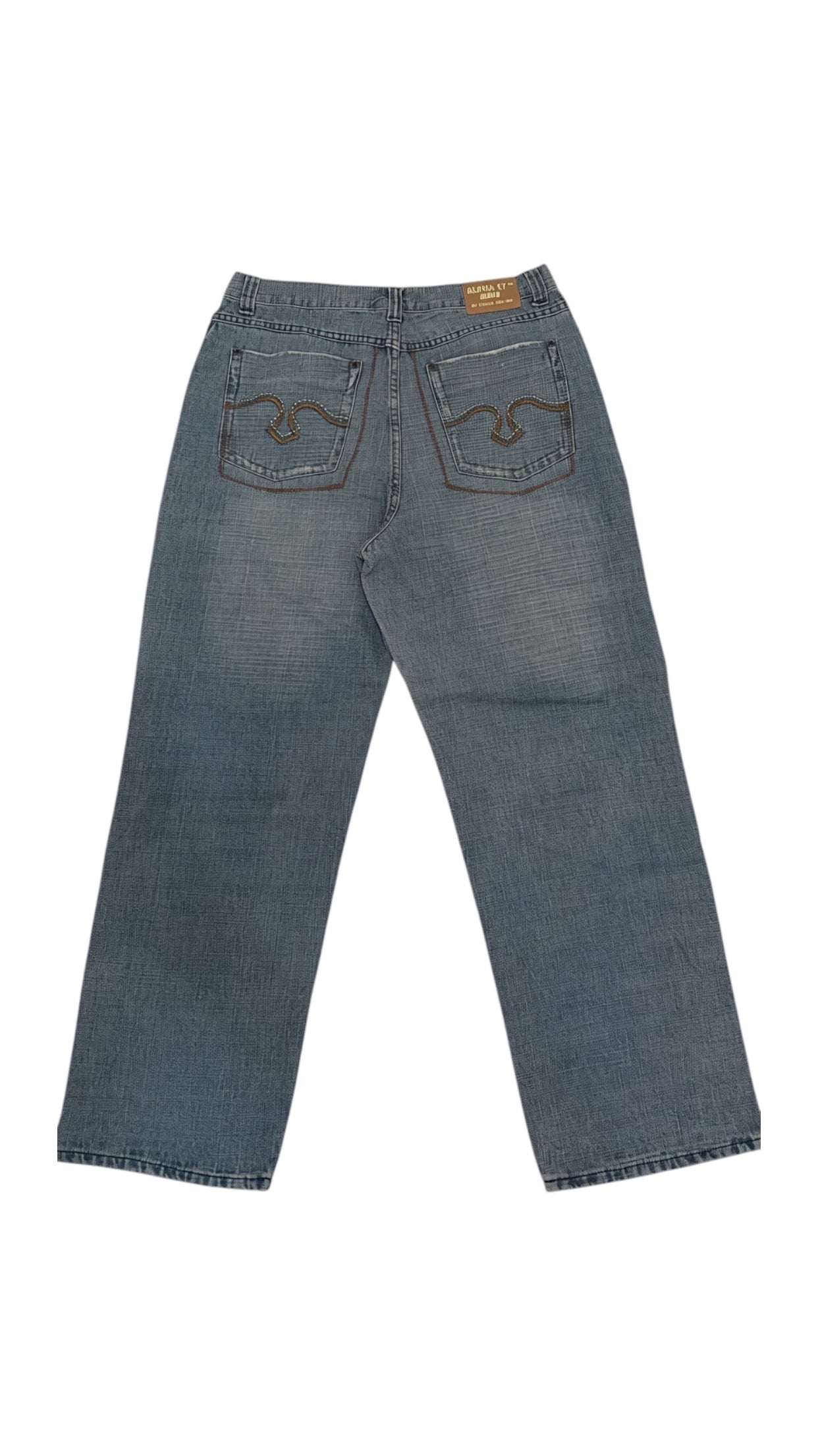 SohoStich Co. relaxed fit medium wash denim jeans with embroidered back pockets and brown stitching.