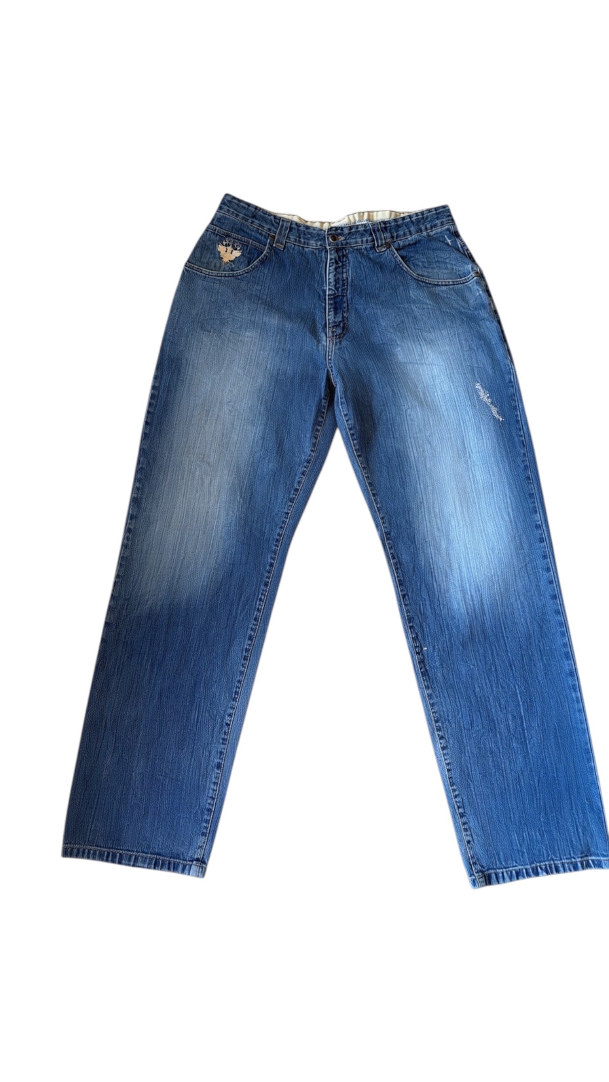 SohoStich Co. medium wash relaxed fit denim jeans with five-pocket design and subtle whiskering.