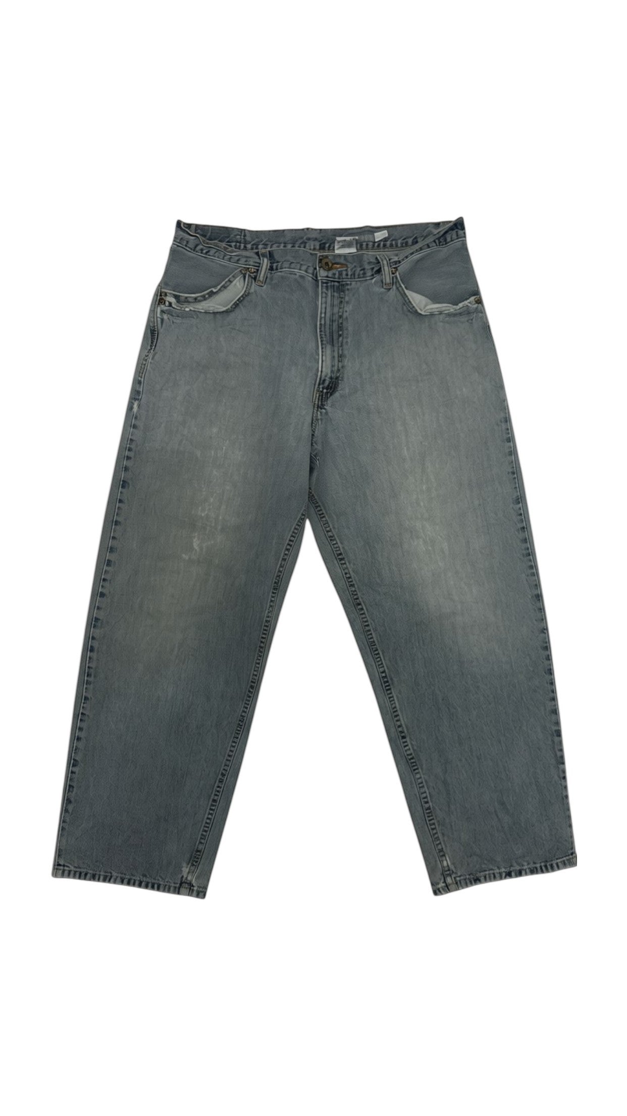 SohoStich Co. relaxed fit grey denim jeans for men with a classic five-pocket design and straight leg.