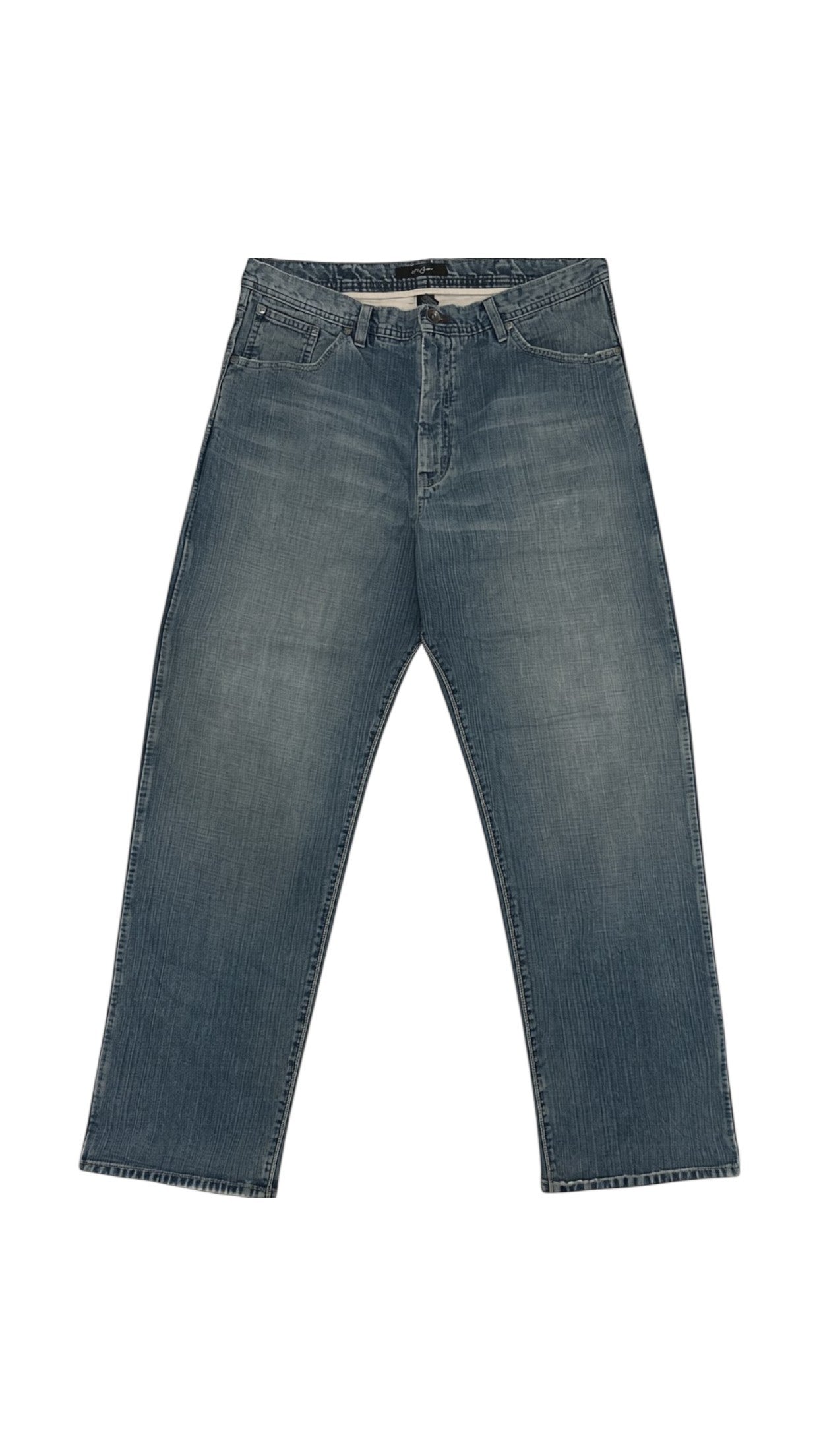 SohoStich Co. Saint John blue denim jeans with light wash and subtle distressing. Relaxed fit, five-pocket design.