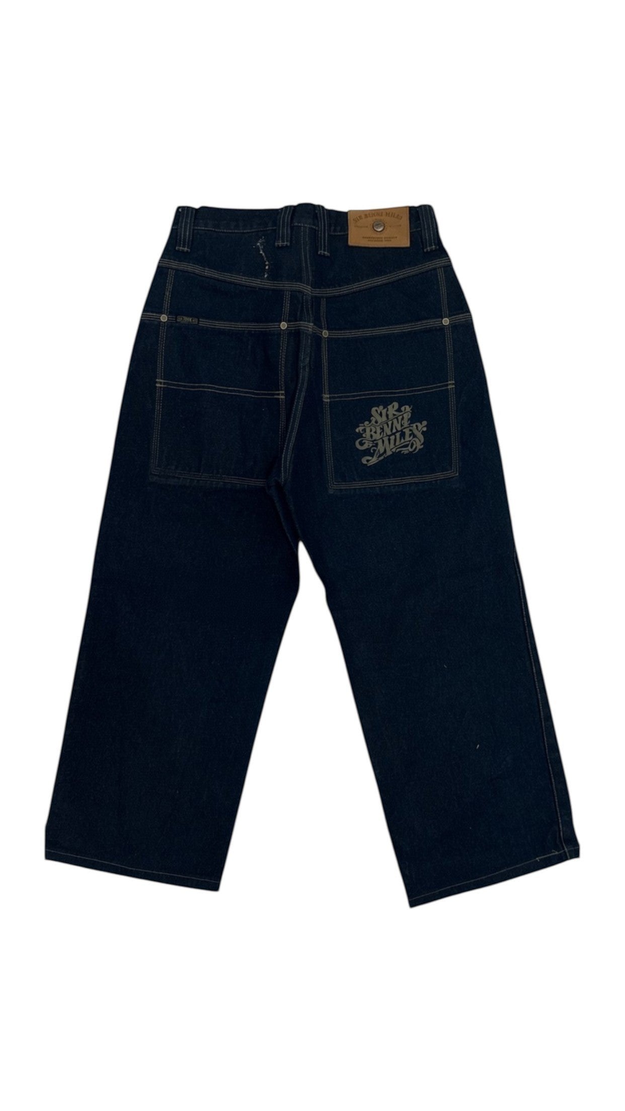 SohoStich Co. Sir Benny Miles dark wash wide leg denim carpenter jeans with utility pocket and embroidered logo.