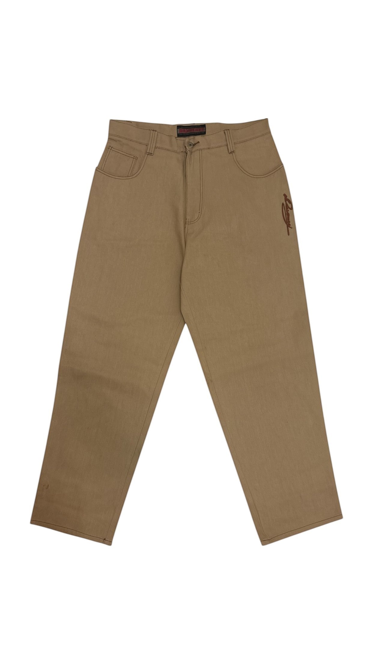 SohoStich Co. classic fit tan twill work pants with five-pocket design and reinforced stitching.