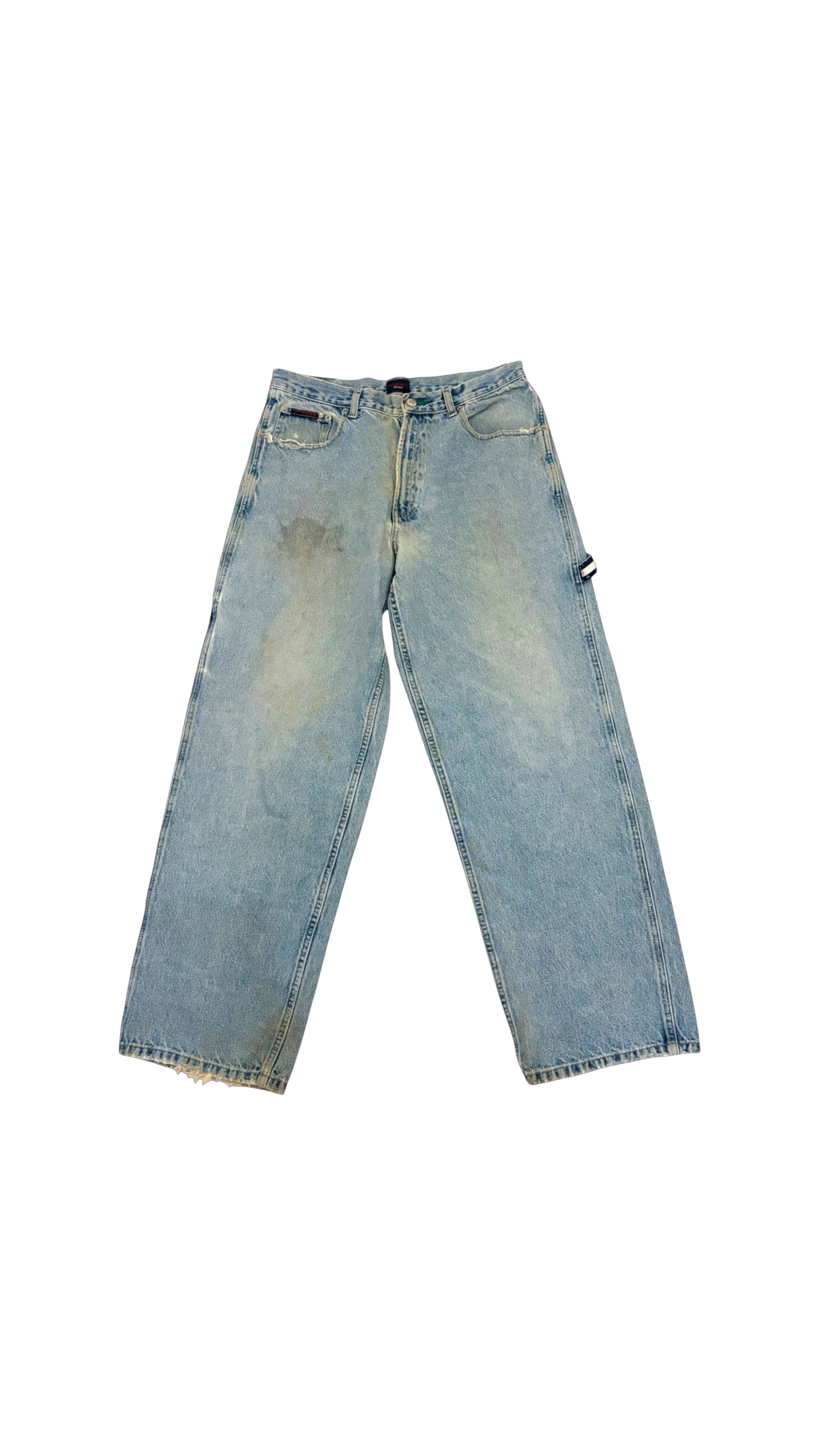 SohoStich Co. light-wash denim carpenter jeans with a relaxed fit, distressed details, and Tommy Hilfiger logo tag.