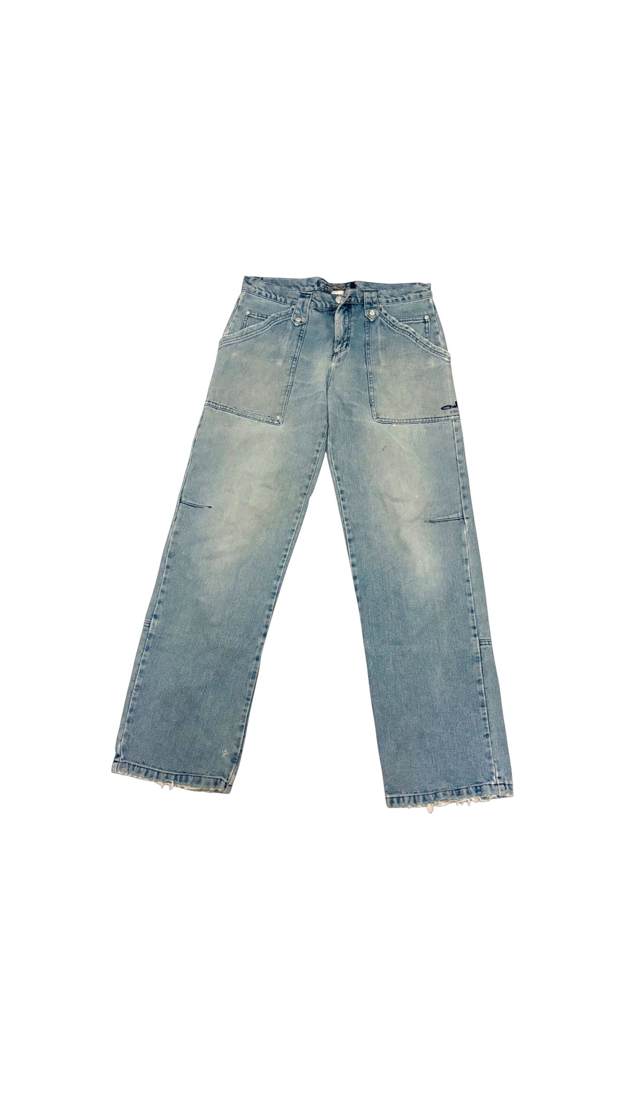 SohoStich Co. light-wash denim jeans with wide legs, front and back pockets, and distressed hem.