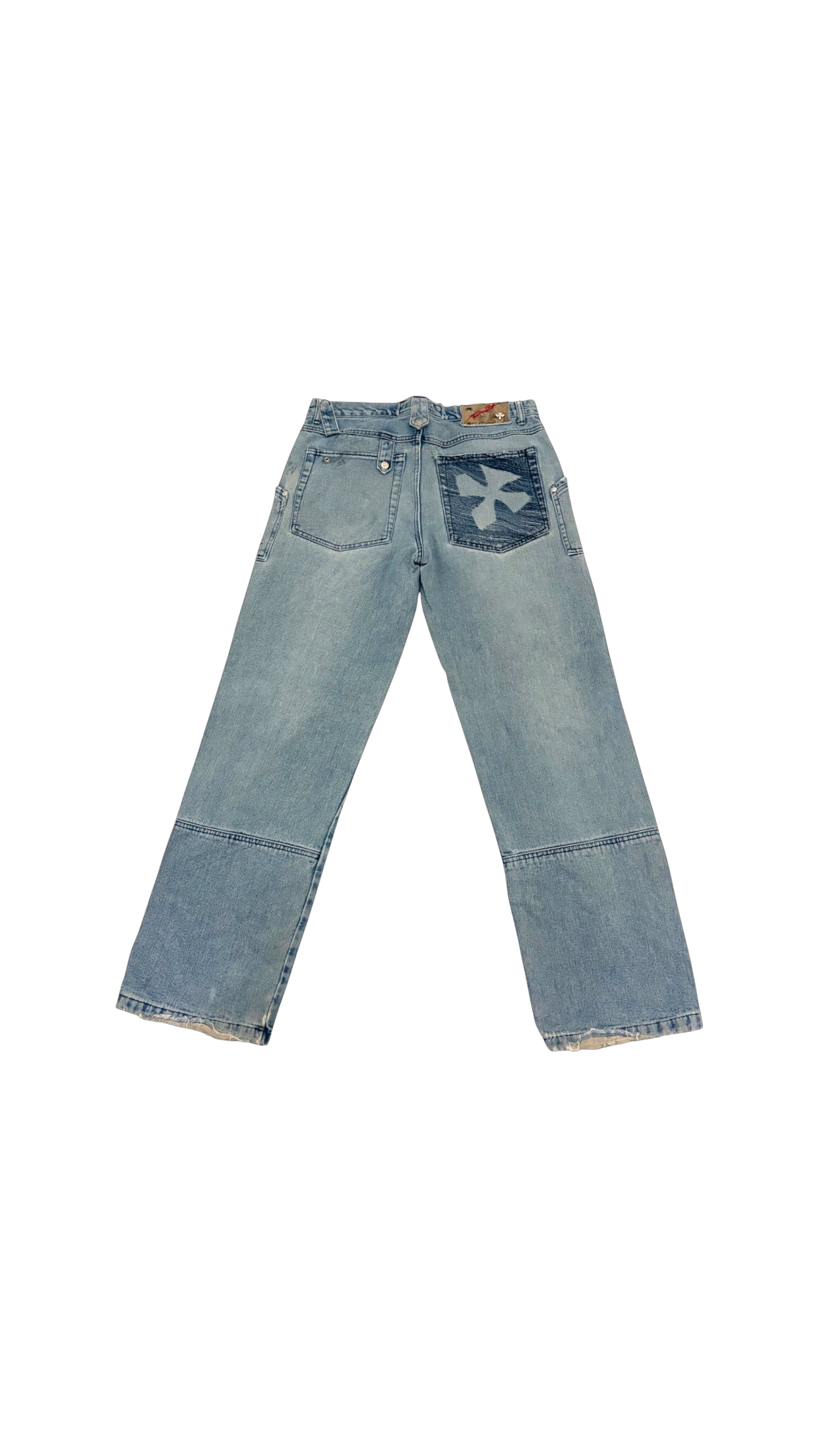 SohoStich Co. light wash denim jeans with wide legs, patchwork detail on back pockets, and distressed hem.
