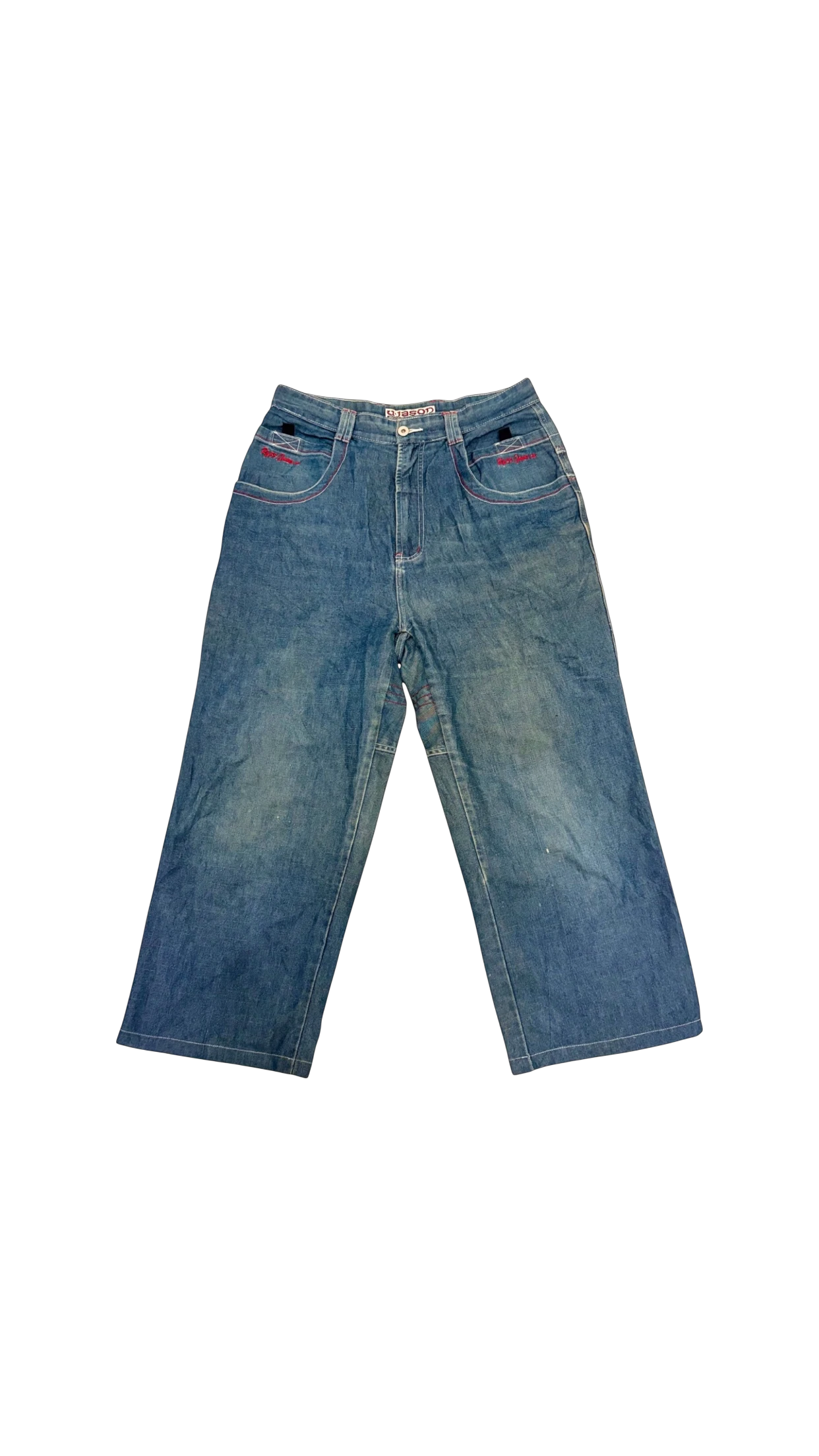 SohoStich Co. light blue denim jeans with wide legs and red embroidered accents on pockets.